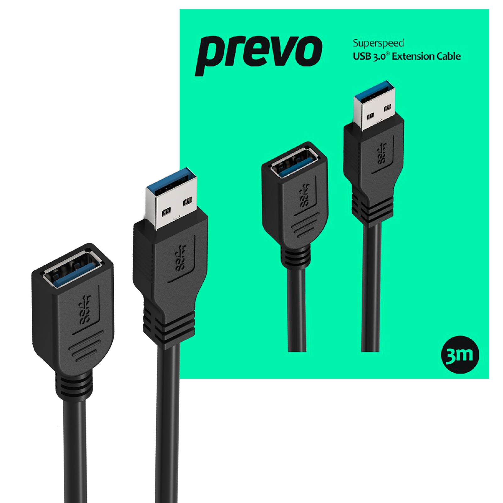Prevo USBM-USBF-5M USB 3.0 Extension Cable, USB 3.0 Type-A (M) to USB Type-A (F), 5m, Black, Up to 5Gbps Transmission Rate, Retail Box Packaging